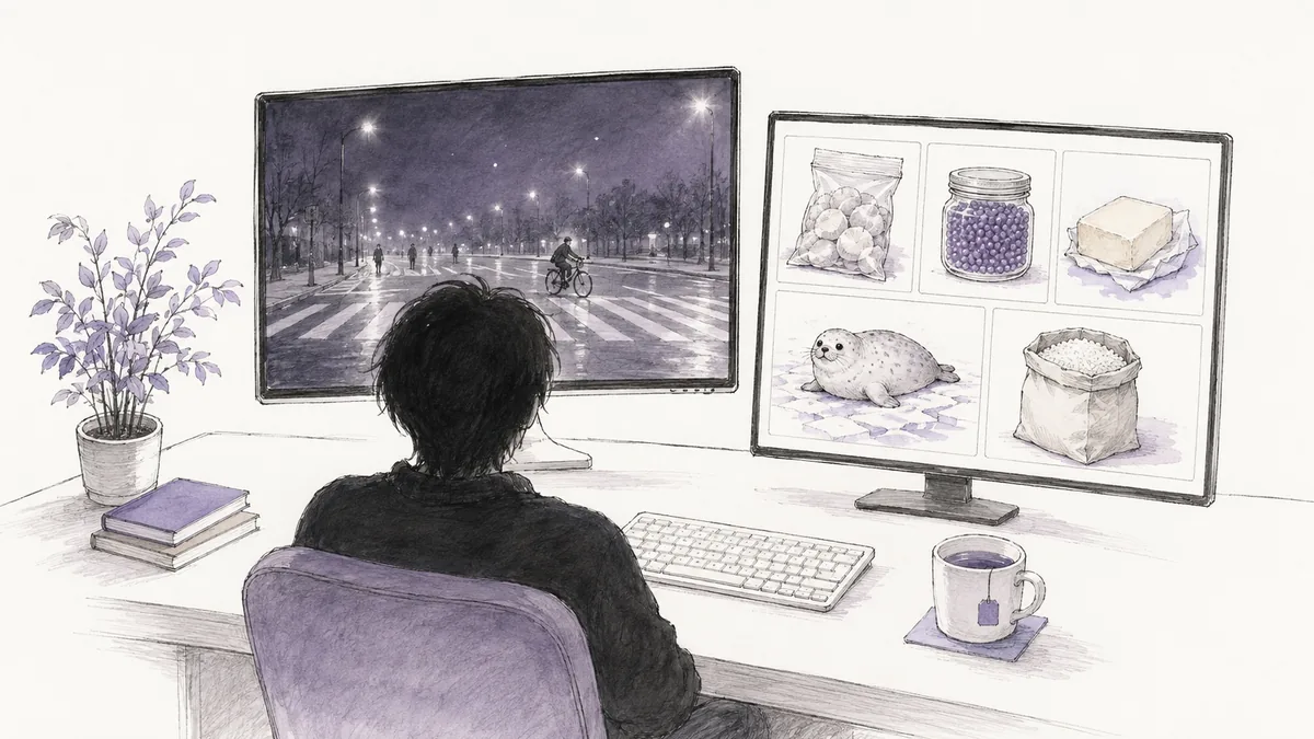 Drawing: a desk at night with two screens. One shows a street crossing with a few figures and a bicycle; the other shows a catalogue page with small pictures of scallops, a jar of roe, a block of butter, a seal and a bag of rice.
