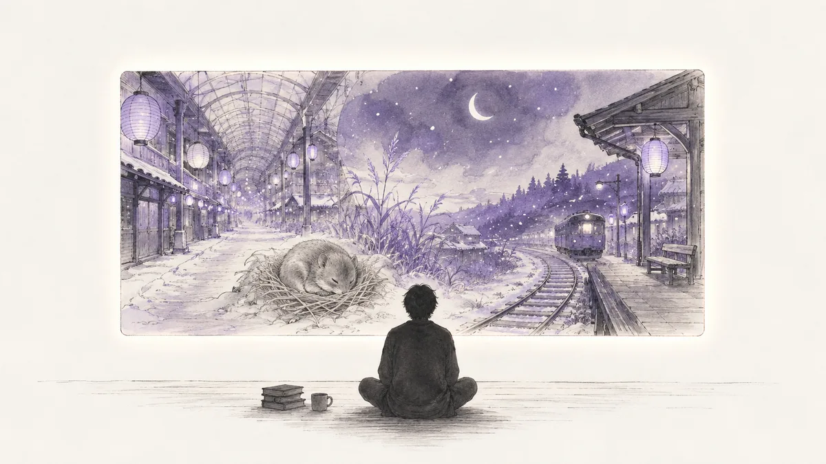 Drawing: someone sits on the floor at night in front of a wide, softly lit screen. Inside the screen, a snow-covered shopping arcade, a small round animal asleep in straw and a lantern-lit country railway platform run together as one scene.